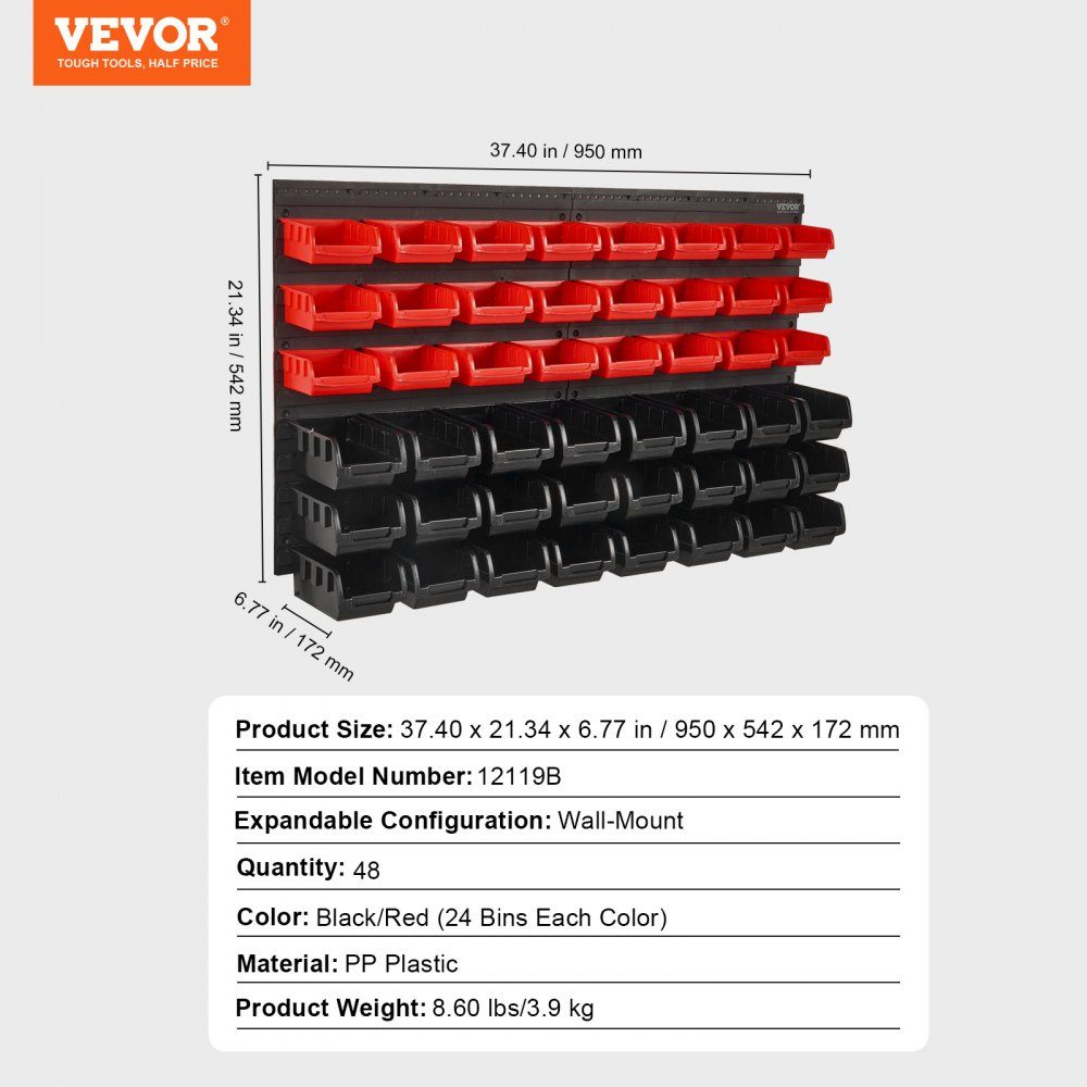 Stacking Boxes, 48 ​​Container Parts Shelf Organizer for Garage, Plastic Shop Tool with Wall Panels, Tool Organizer for Nuts, Bolts, Screws, Nails, Beads, Buttons, Black and Red
