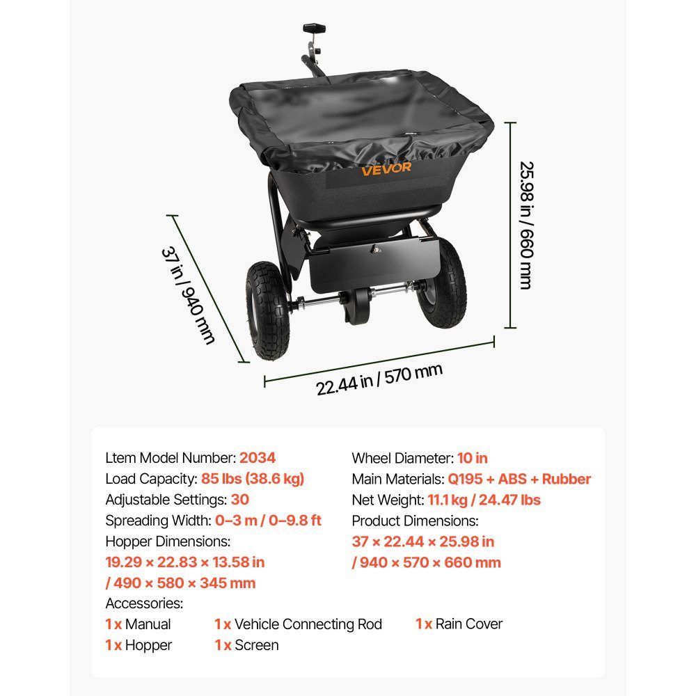 Spreader 38.6 kg load capacity, centrifugal spreader trailer spreader 3 m spreading width, spreading trailer with 25.4 cm tires, adjustable spreading quantity, lawn spreader for seeds, fertilizer and road salt