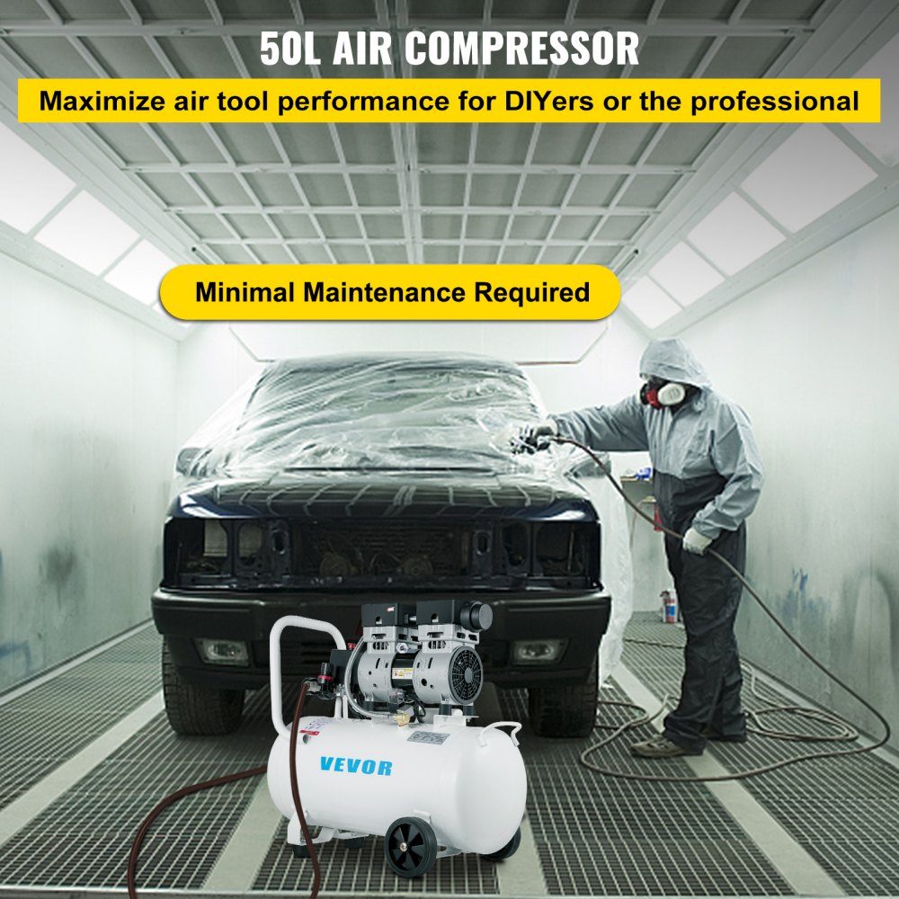 Whisper compressor 50 L, quiet oil-free compressor 750 W, oil-free air compressor 68 dB, compressed air compressor 230 V, quiet compressed air boiler 170 L/min exhaust air volume, with built-in exhaust fan