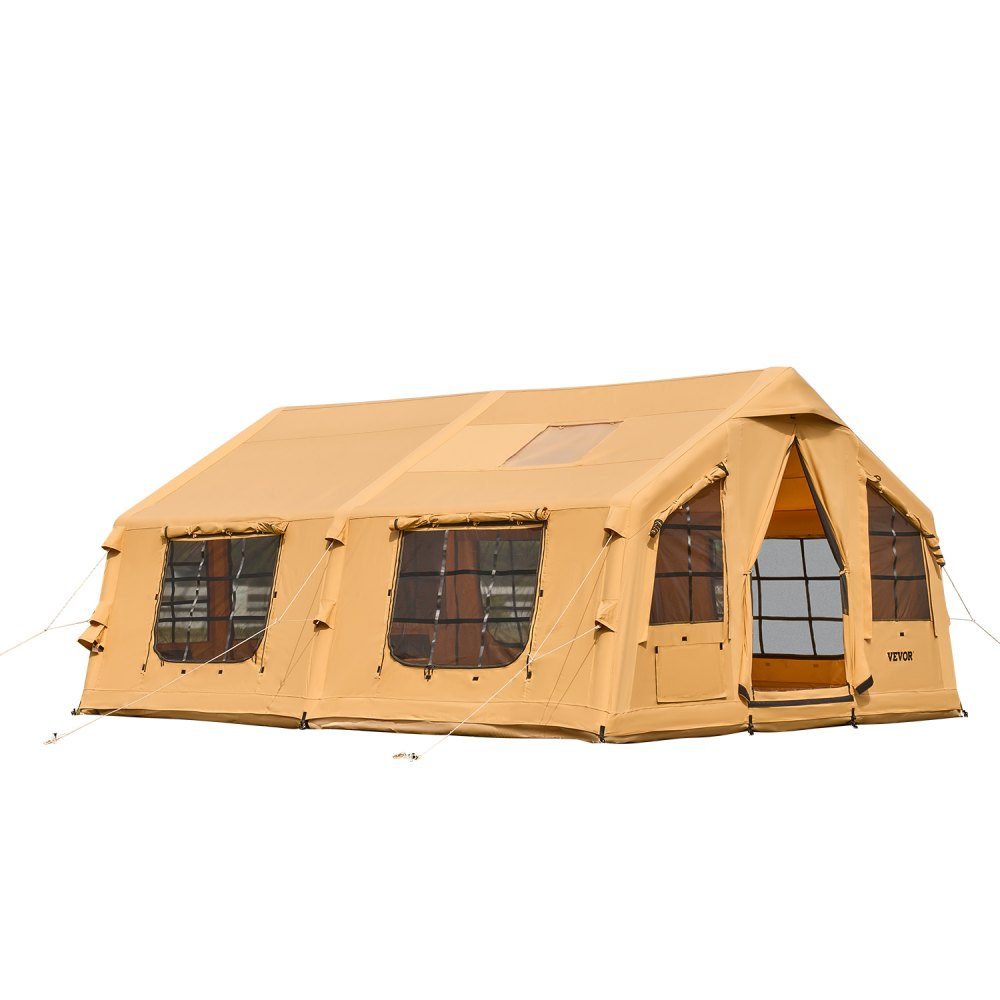Opblaasbare kampeertent voor 8-12 personen met handpomp, glampingtent van 4,8 x 3,6 x 2,2 m met 2 dakramen, luifel, kachelaansluiting, 2 deuren en gaasramen, opbergtas