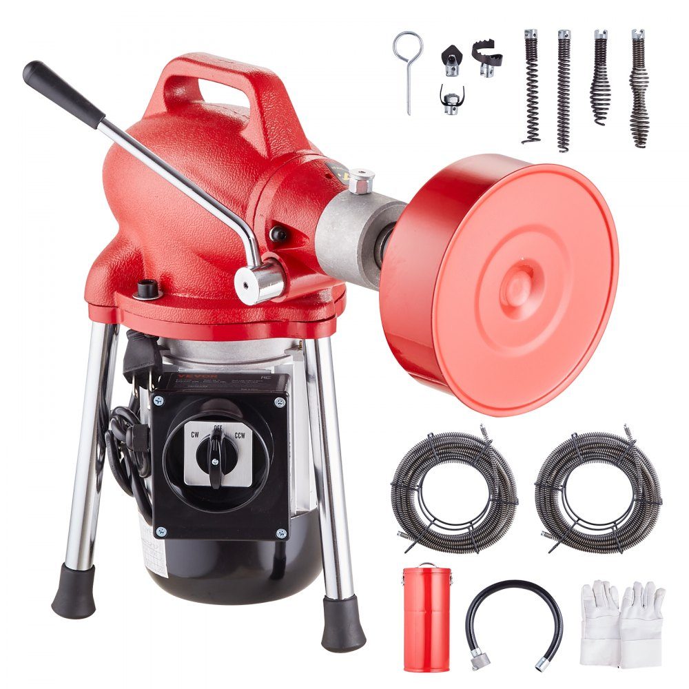 Pipe Cleaning Machine 120' x 5/8'', 370W Electric Pipe Cleaning Cable with Manual Feed - with 2 steel cable sections (120' x 5/8" and 23' x 3/8"), 7 cutters and CW/CCW control for 1.6" to 4" pipes
