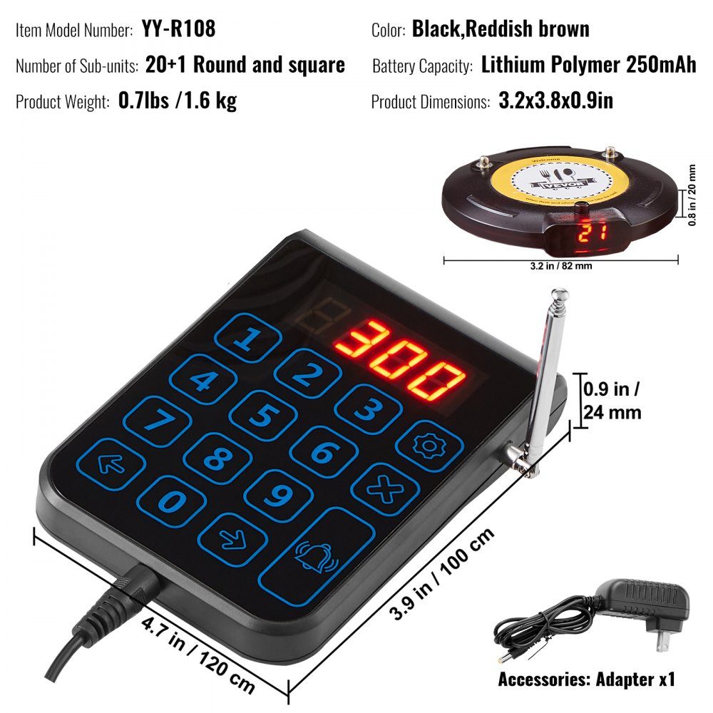 Restaurant-Pager-System, kabelloses Warteschlangensignal mit 500 m effektiver Reichweite in offenen Bereichen, Gästeruf-Piepser mit Vibration und Blinken, 20 Food-Truck-Pager