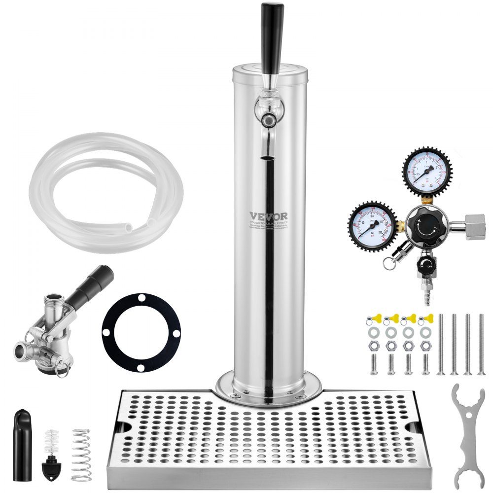 Beer Tower Kit, Single Tap Beer Conversion Kit, Stainless Steel Beer Tower Dispenser with Dual Gauge W21.8 Regulator and S System Keg Coupler, Beer Drip Tray for Home Party