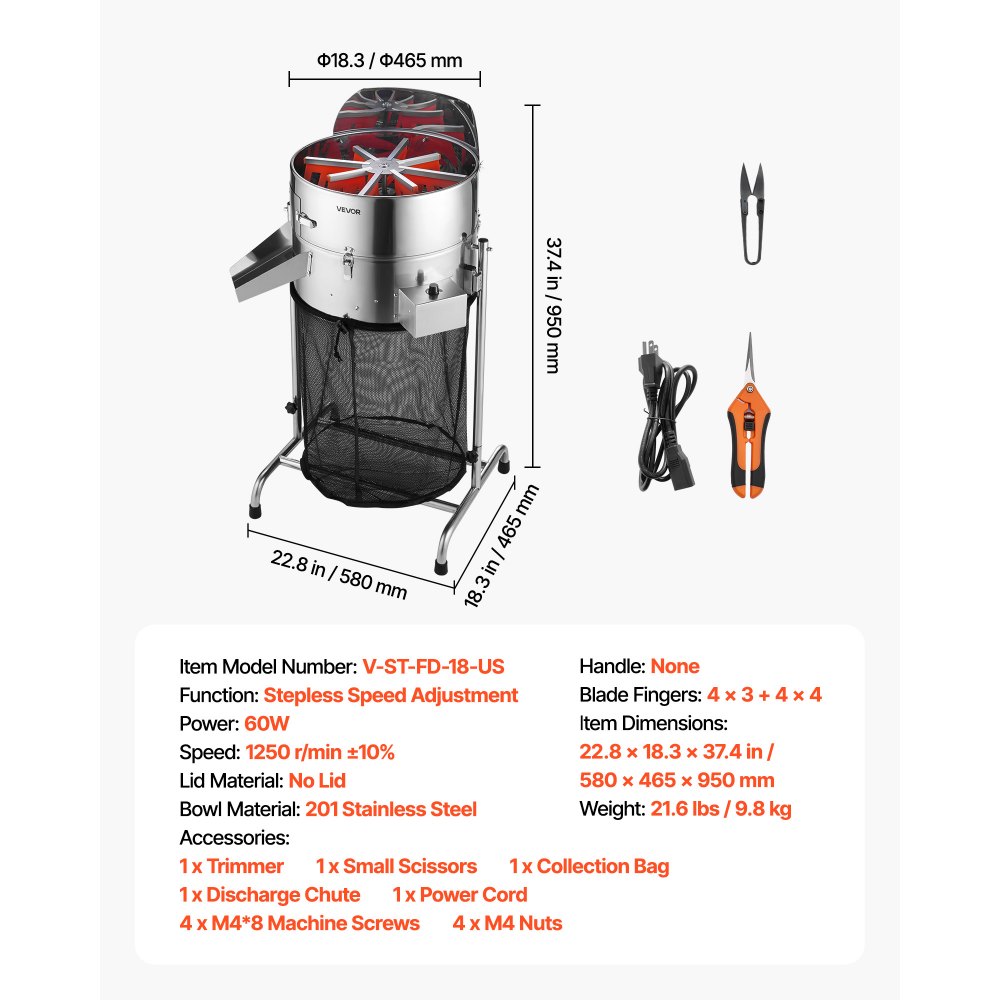 Elektrische oogstmachine, 465 mm knoppensnijder met roestvrijstalen messen en instelbare snelheid, hydrocultuur snijmachine met opvangzak, handschaar, voor bladeren en knoppen Elektrische oogstmachine, 465 mm knoppensnijder met roestvrijstalen messen en instelbare snelheid, hydrocultuur snijmachine met opvangzak, handschaar, voor bladeren en knoppen