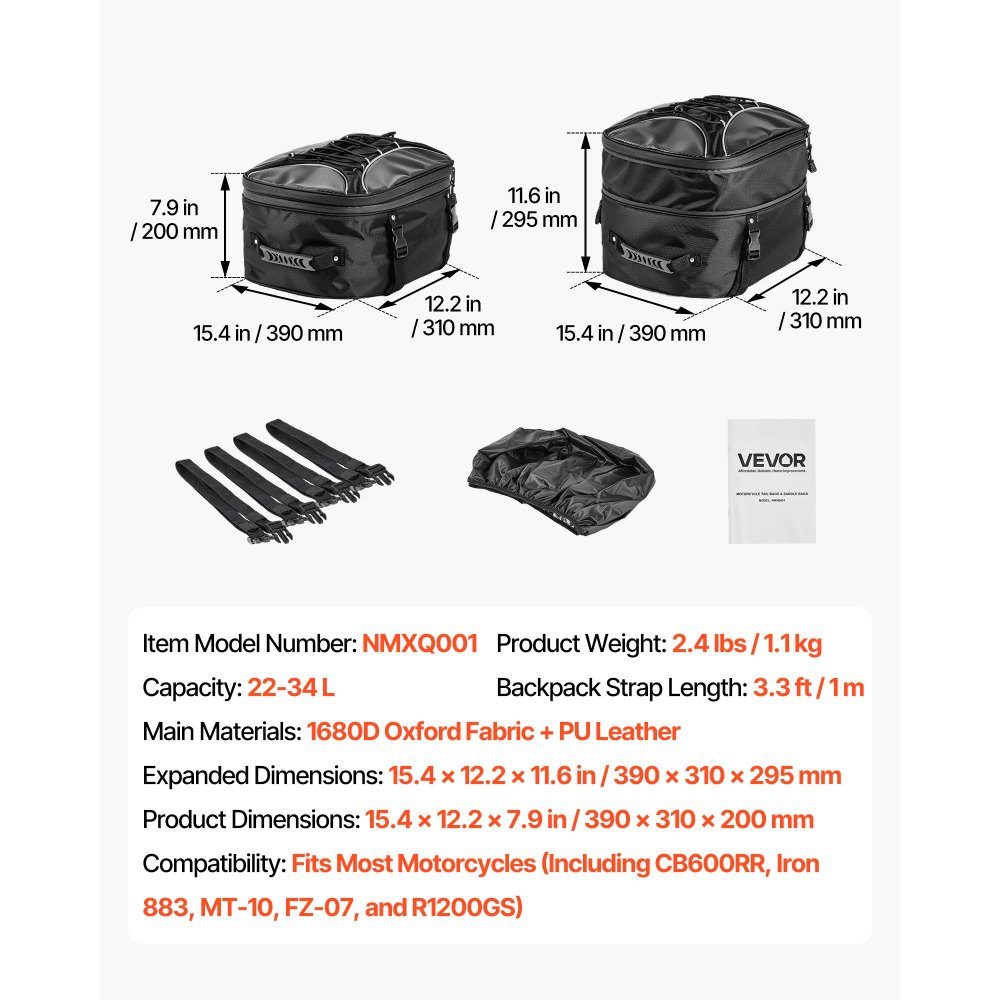 Motorrad-Hecktasche, Rücksitztasche (22–34 l), mit wasserdichtem Regenschutz, Motorrad-Gepäckaufbewahrung, Gepäckträgertasche mit Riemen und Gummiband, Motorradgepäck, Schwarz