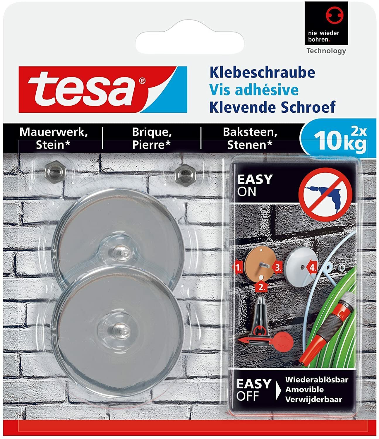 tesa adhesive screw for masonry and stone, load capacity 10 kg, round, 2 pieces in the packaging