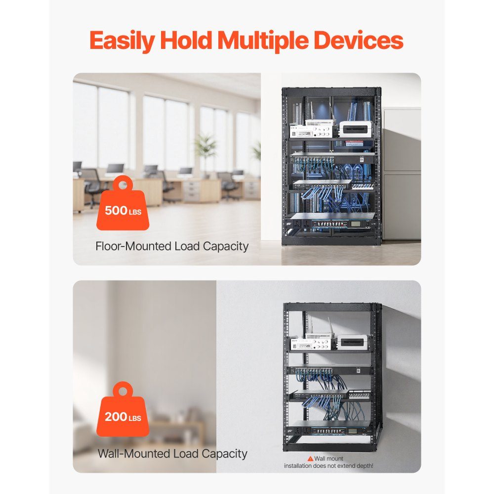 16U-Netzwerk-Rack mit offenem Rahmen, 585 mm Tiefe, Wandmontage- oder Stand-Server-Rack, 4-Pfosten-Rack mit belüfteten Regalen und Montagezubehör, für Netzwerk-IT-Geräte und AV-Geräte
