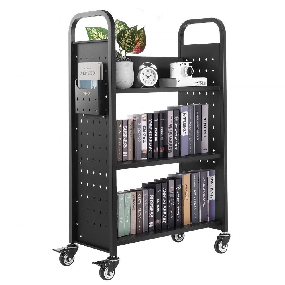 Bücherwagen, 150 kg Tragkraft, Bibliothekswagen, 77 x 38 x 122 cm, einseitiges L-förmiges Bücherregal mit Doppelbremsrädern, Bücherregalwagen für Wohnzimmer, Büro, Schule, Schwarz