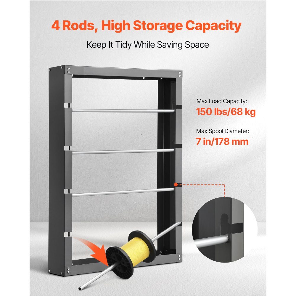 Wire Spool Holder, 4 Adjustable Bars, Wall Mounted Cold Rolled Steel Cable Spool Holder, Cable Storage and Display Stand, Load Capacity 68kg, for Various Conditions