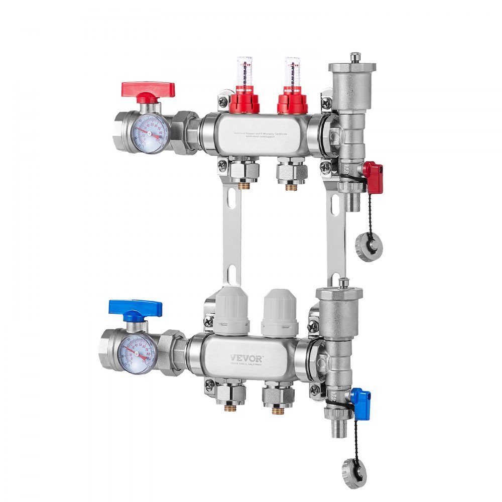 Wärmeverteiler mit 2 Zweigen, 1/2-Zoll-PEX-Rohrverteiler, PEX-Verteiler aus Edelstahl für hydronische Fußbodenheizung, Wärmeverteilungs-PEX-Verteiler-Kit mit 1/2-Zoll-Adaptern im Lieferumfang enthalten