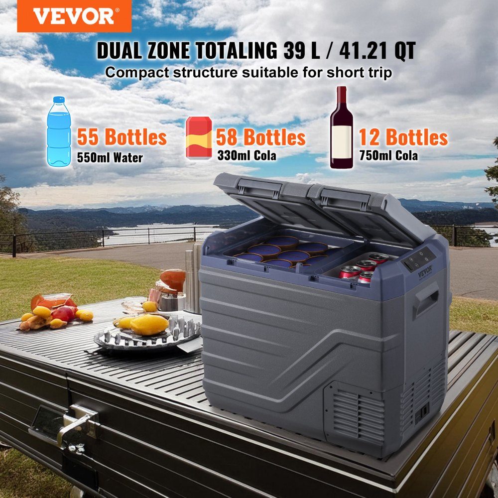 Car Fridge, 39L Portable Dual Zone Freezer, 12V Car Fridge, - 20 to 20℃ Adjustable Range, 12/24V DC and 100-240V AC Compressor Cooler for Camping, RV