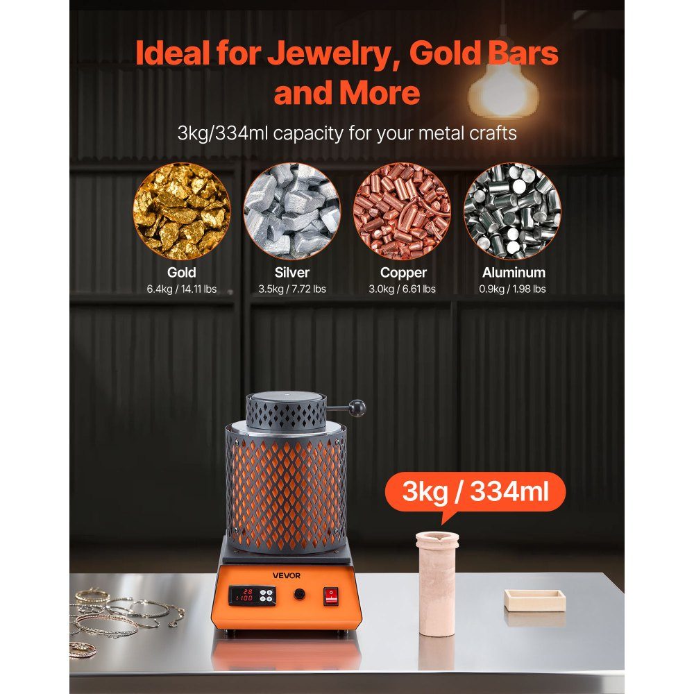 Digital Gold Melting Furnace Machine with 3kg Ceramic Crucible, Electric Melting Furnace 1350W Max 1150℃, Metal Melting Furnace Set for Jewelry Making, Metal Rods, Metal Components, Black