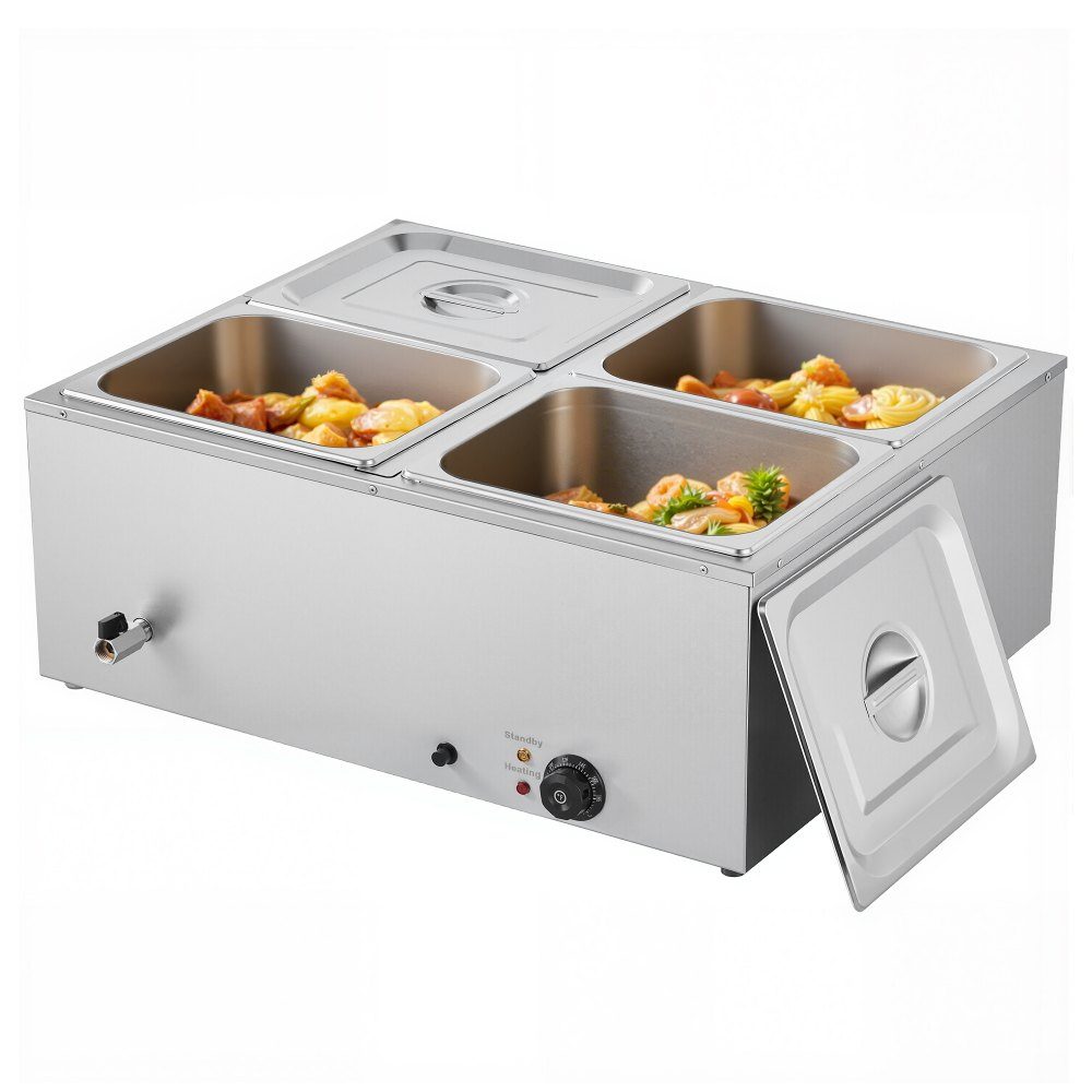 Réchauffeur de nourriture commercial (4 récipients de taille 1/2), récipient chauffant électrique en acier inoxydable de 1,5 kW avec couvercle et louche à soupe, réchauds pour restauration, restaurant, fête