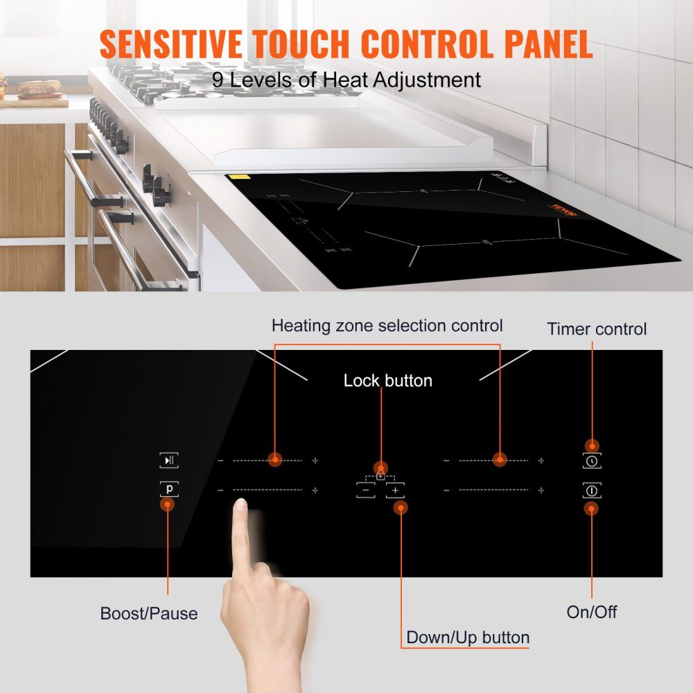 Induction hob induction hob 6800 W, 4 plates induction hob touchscreen 9 heating levels, integrated induction hob, automatic switch-off and child lock