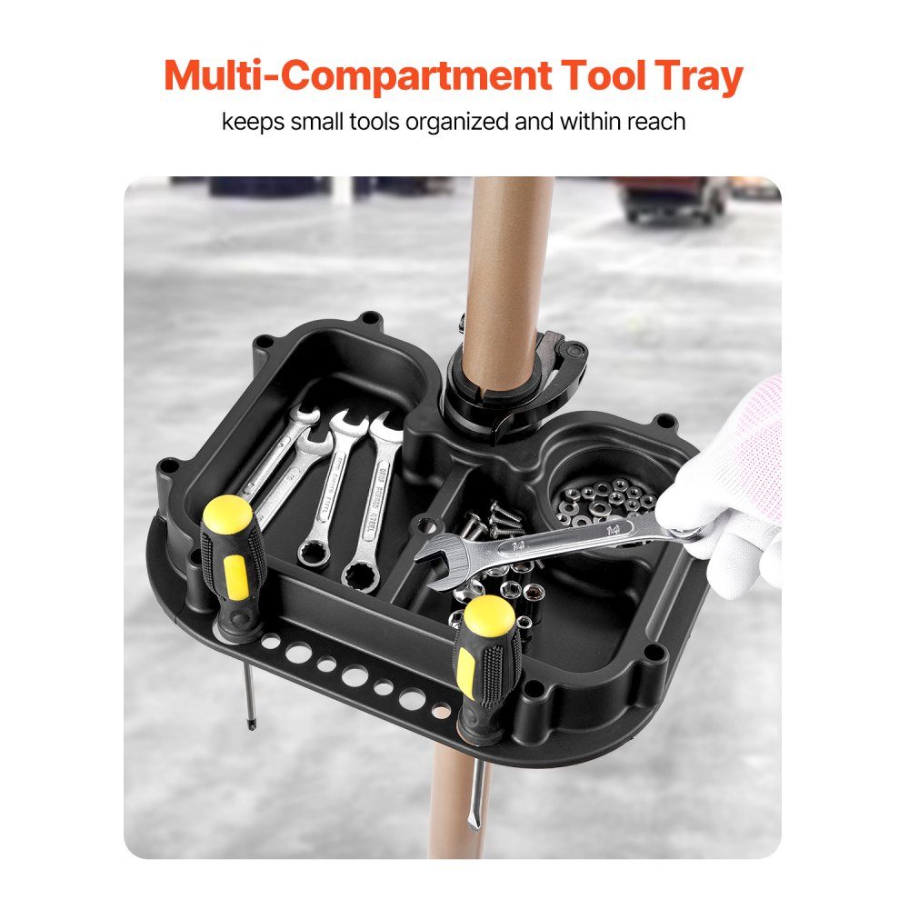 Support de réparation de vélo, support de réparation de vélo (capacité de charge de 49,9 kg) avec hauteur réglable de 1025 à 1510 mm et grand plateau à outils, support d'entretien pliable pour vélos de montagne, vélos de route