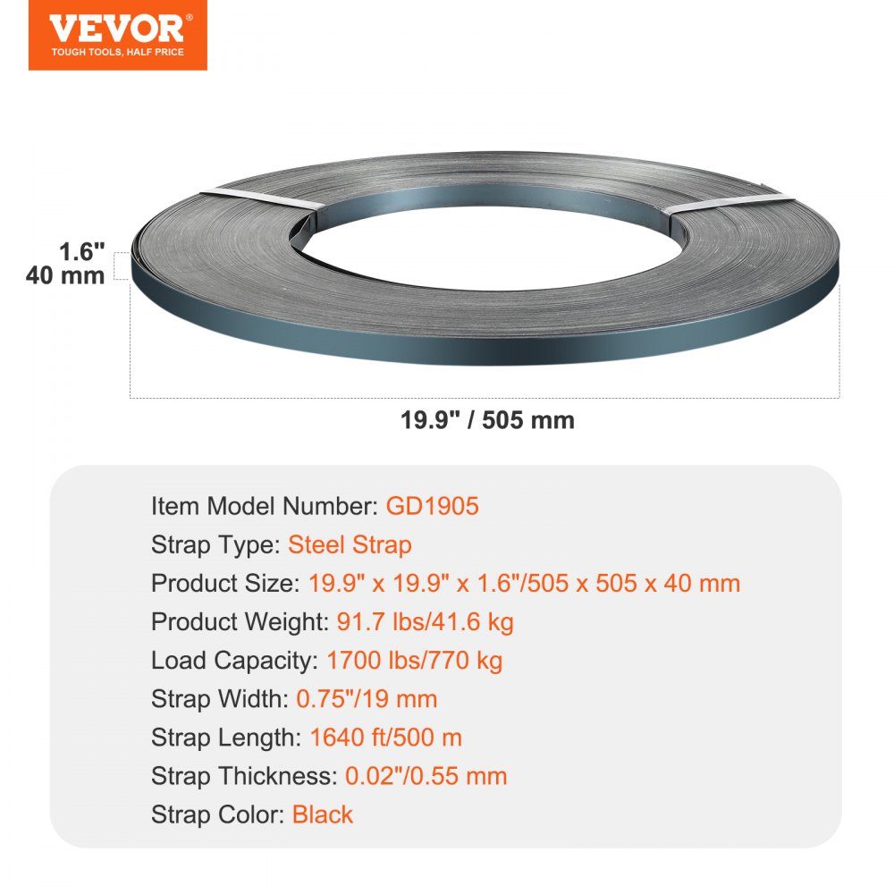 Steel Strapping Roll, 1640 Feet Length x 3/4" Width x 0.02" Thickness, 1700 Pound Breaking Strength, Heavy Duty Pallet Strapping Roll, Portable Strong Metal Strap, Black