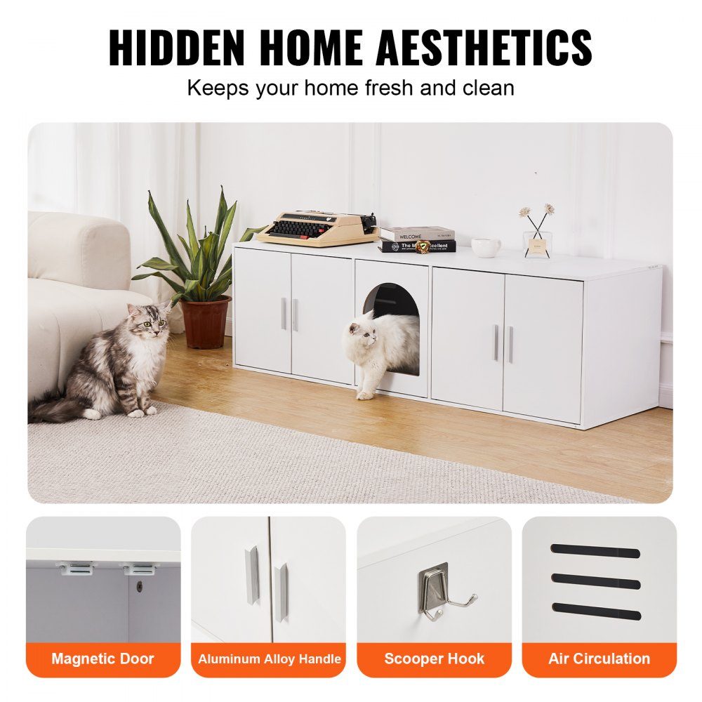 Cat Litter Box Enclosure for 2 Cats, Hidden Cat Litter Box Furniture with Double Rooms, Wooden Litter Box Cabinet, Fits Most Litter Boxes, 57.9"L x 18.3"W x 17.9"H, White