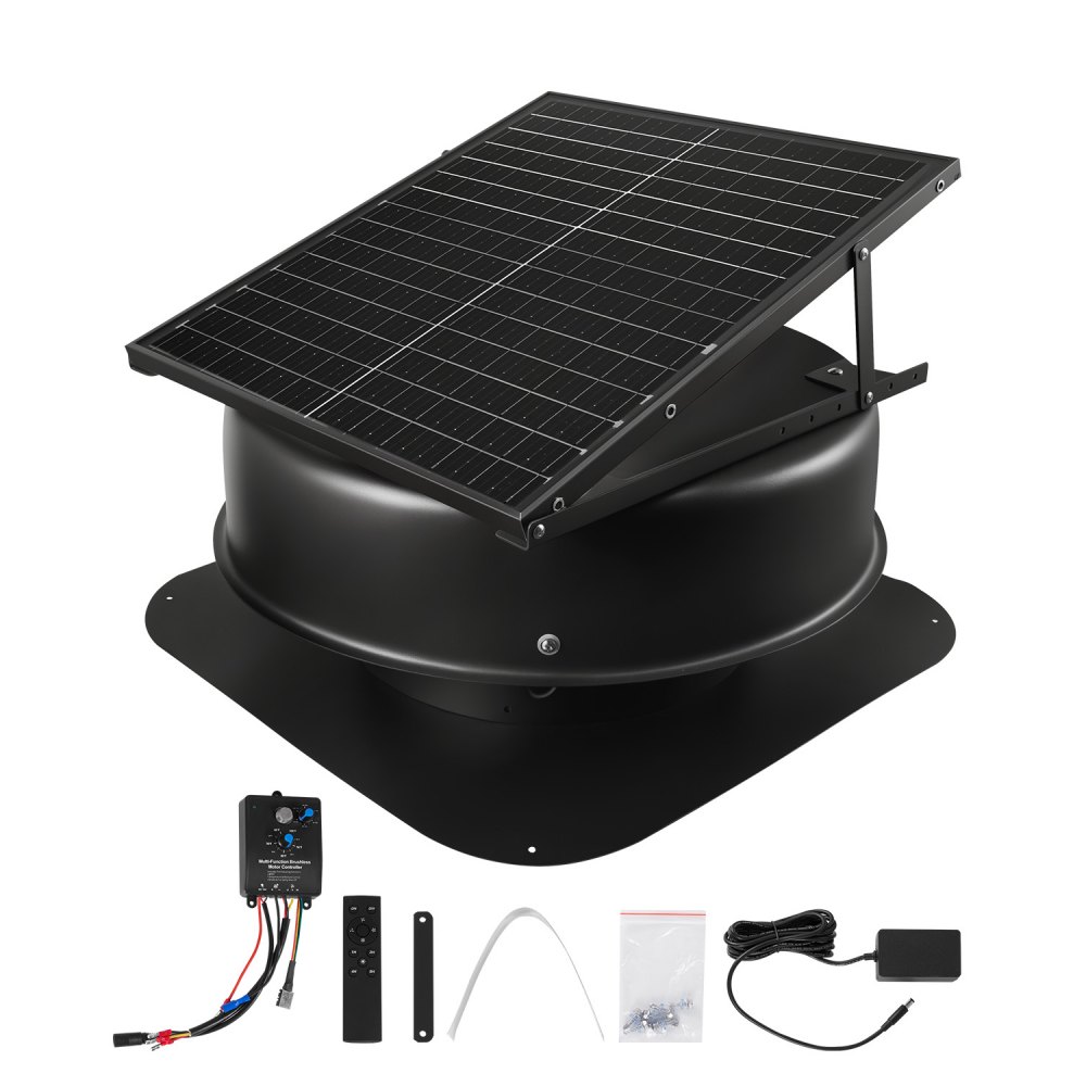 Ventilateur à énergie solaire, ventilateur de toit solaire 50 W avec thermostat, télécommande, débit d'air de 84 950 L/min, capteur de fumée intégré avec arrêt automatique pour le refroidissement et la déshumidification Ventilateur à énergie solaire, ventilateur de toit solaire 50 W avec thermostat, télécommande, débit d'air de 84 950 L/min, capteur de fumée intégré avec arrêt automatique pour le refroidissement et la déshumidification