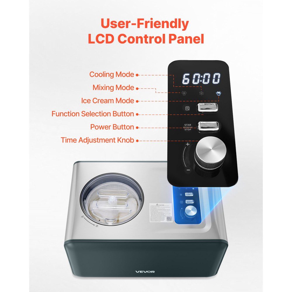 Automatic ice cream maker 1.5L with integrated compressor (150W), no prefreezing, ice cream maker with 3 modes, electric ice cream maker, sorbet maker