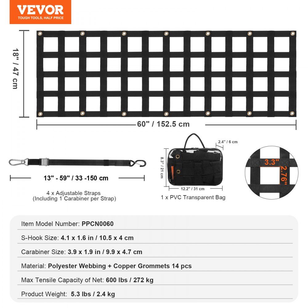 Tailgate Net 1525x470mm Truck Bed Net with 4 Adjustable Telescopic Straps Extendable and Durable Flexible Adjustment Cargo Net Suitable for Pickup Trailer Truck Jeep SUV