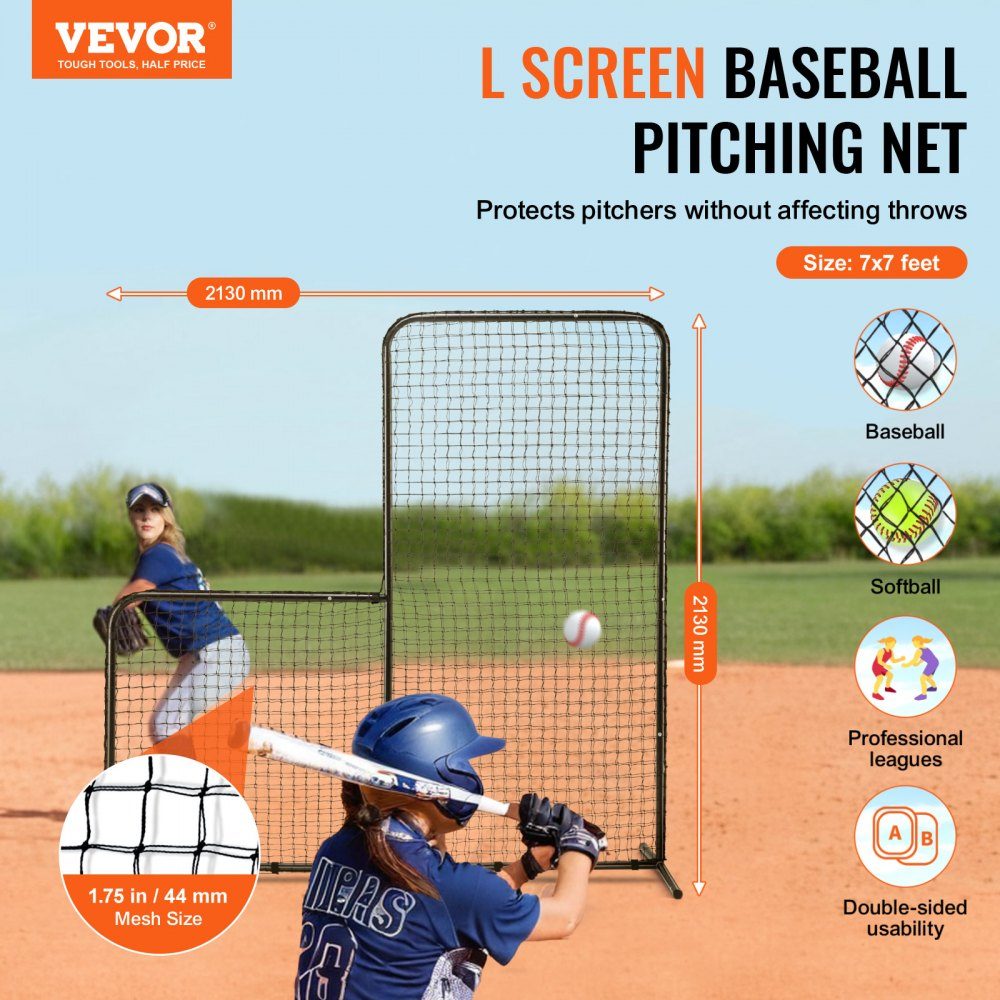 L Shape Baseball for Batting Cage, 84" x 38" x 84" Baseball and Softball Safety Umbrella, Portable Batting Net with Carry Bag and Ground Spikes, Pitching Net to Protect Pitchers, Black