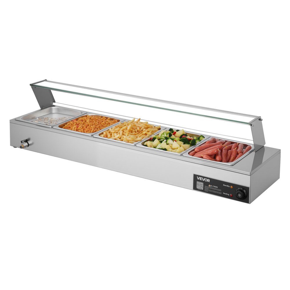 Chauffe-plats professionnel avec couvercle en verre et 5 récipients (taille 1/2) 1,5 kW Réchauffeur de buffet en acier inoxydable, récipient de buffet, bain-marie, station de réchauffement des aliments pour restaurants, fêtes, buffets