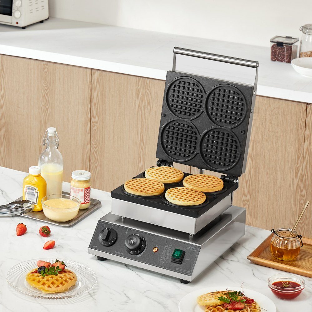 Commercial Waffle Maker Waffle Maker 1750W Non-Stick Stainless Steel Belgian Waffle Maker with Temperature and Time Control for Restaurant Bakery Snack Bar 4 Round Waffles