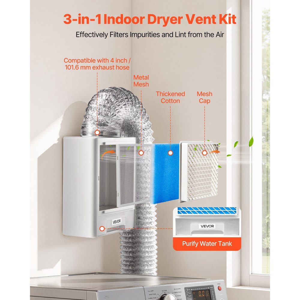 Kit d'aération de sèche-linge intérieur 3 en 1 en matériau ABS avec tiroir à eau pour hotte aspirante à port de sortie de 99 mm avec rappel de surchauffe et 4 tampons de nettoyage