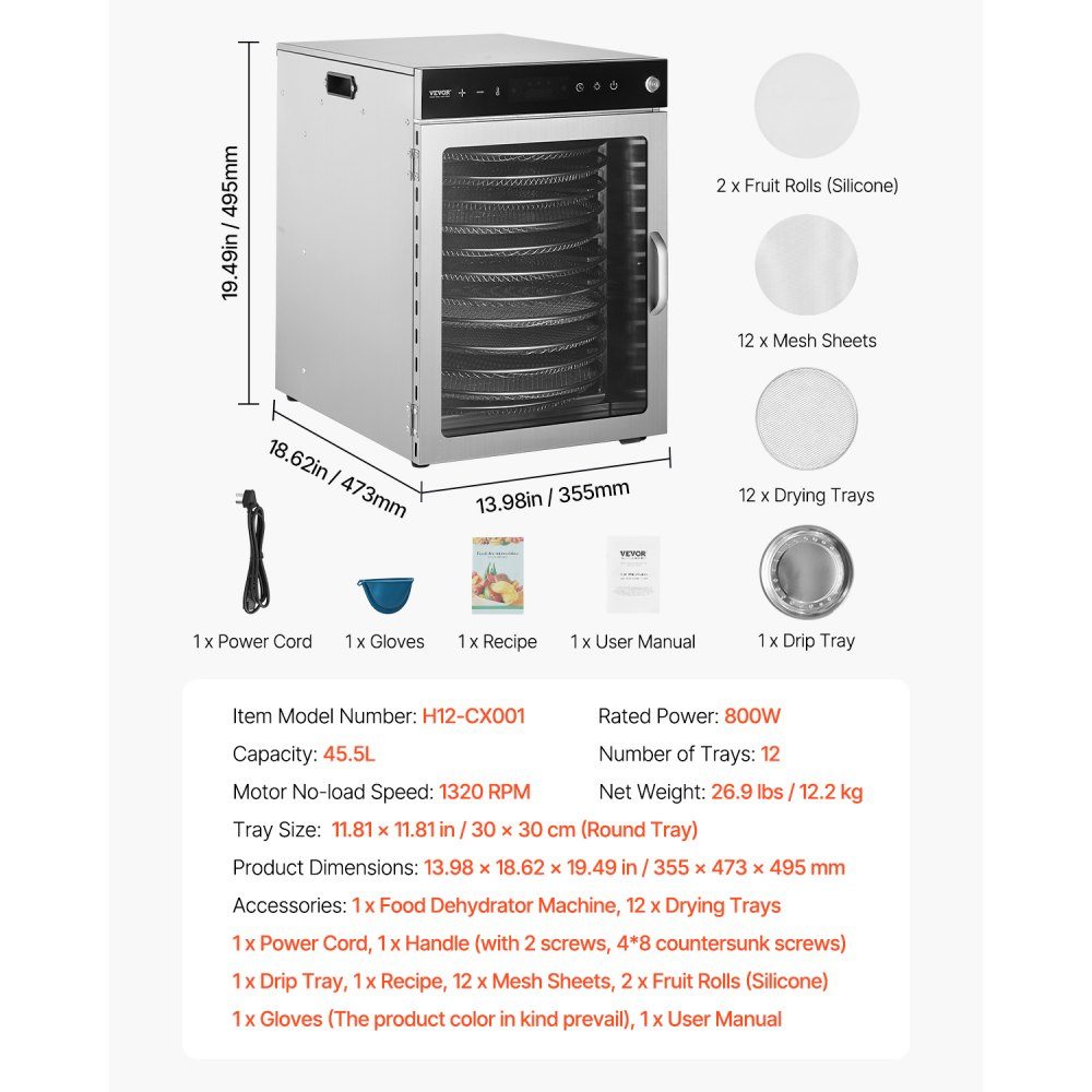 Dehydrator Dehydrator 12 roestvrijstalen kommen, 800 W elektrische voedseldroger met instelbare temperatuur, vriesdroger voor gedroogd vlees, vlees, fruit, groenten, kruiden, hondensnoepjes
