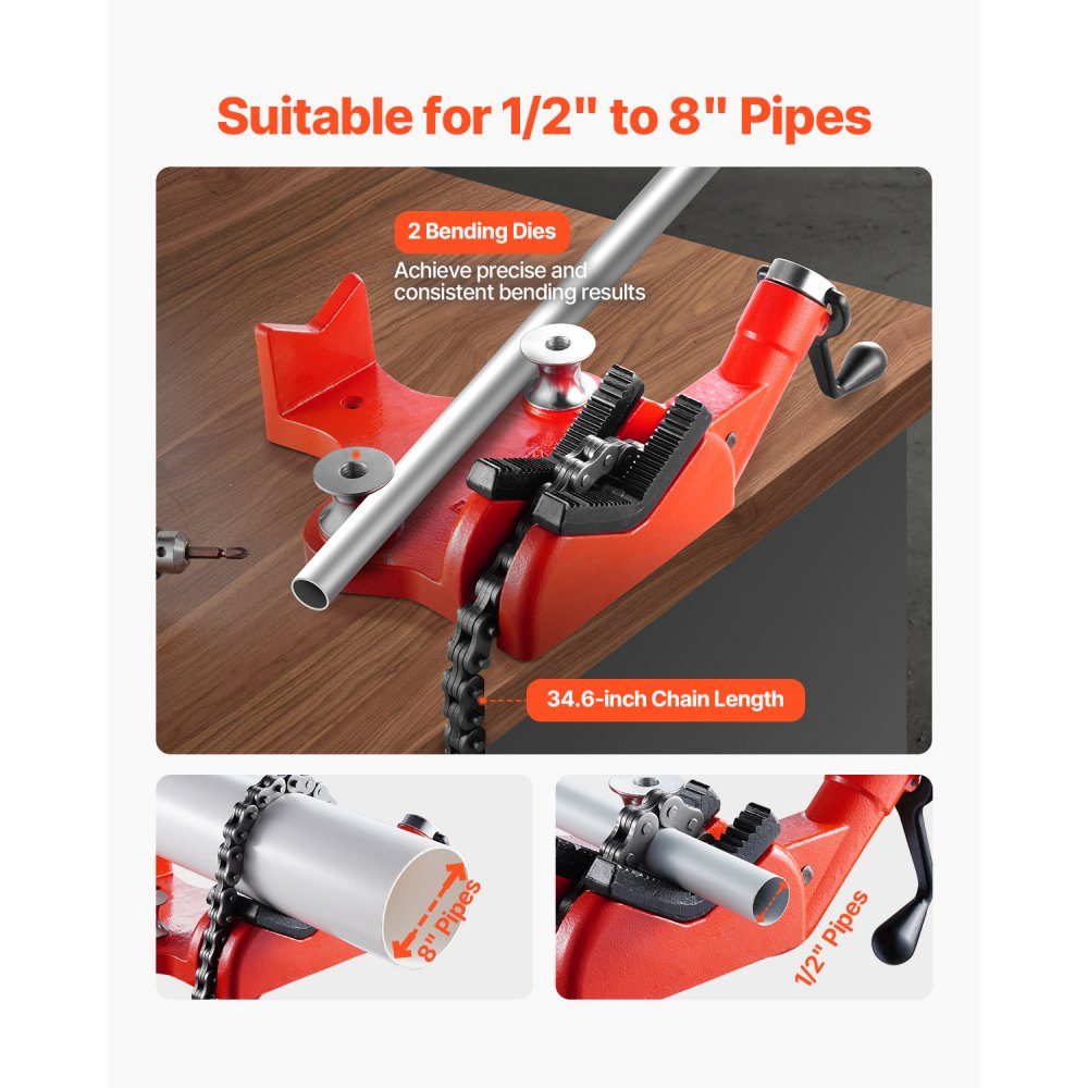 Chain Pipe Vise, Pipe Capacity 12.7-203.2mm, Heavy Duty 880mm Long Chain and Cast Iron Base, Industrial Grade Pipe Clamping for Plumbing, Auto Repair, Metalworking