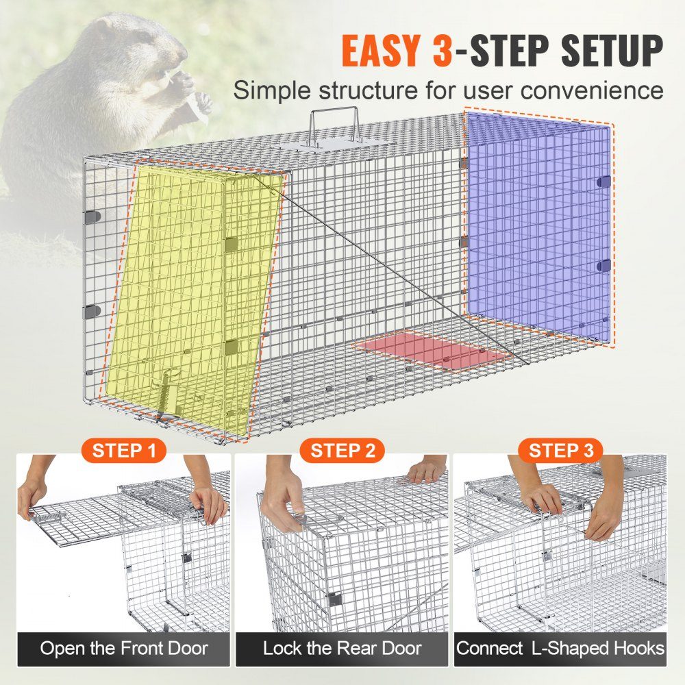 Marten Trap 1067 x 406 x 457mm Galvanized Iron Live Trap Foldable Animal Trap with Handle Wire Trap for Stray Dogs, Armadillos, Raccoons, Marmots, Foxes