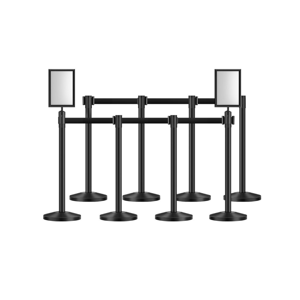Crowd Control Barrier Posts (8pcs) with 8 Retractable Straps and 2 Sign Holders, Carbon Steel Barrier Stand with Refillable Base for Exhibitions