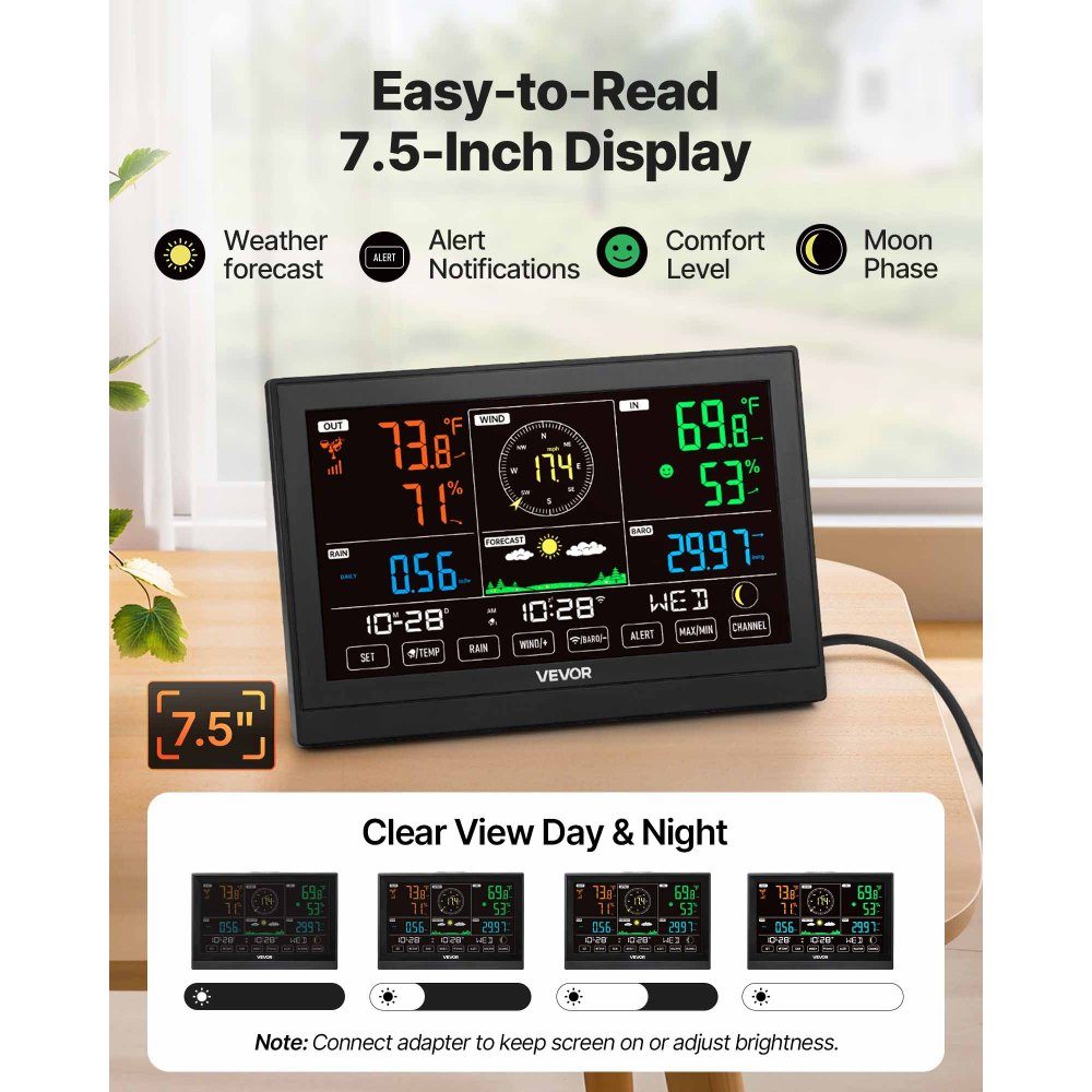 5 in 1 WiFi Weather Station, 7.5" VA Display, Solar Powered Outdoor Sensor, Weather Center for Weather Forecast, Wind Speed, Wind Direction, Temperature, Humidity, Precipitation