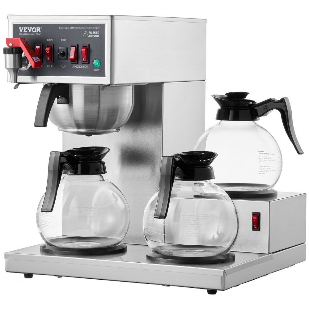 Kommerzielle Filterkaffeemaschine für 12 Tassen, Kaffeemaschine mit 3 Glaskaraffen & 3 Warmhalteplatten, Übergießkaffeemaschine aus Edelstahl für Restaurant, Büro, Café