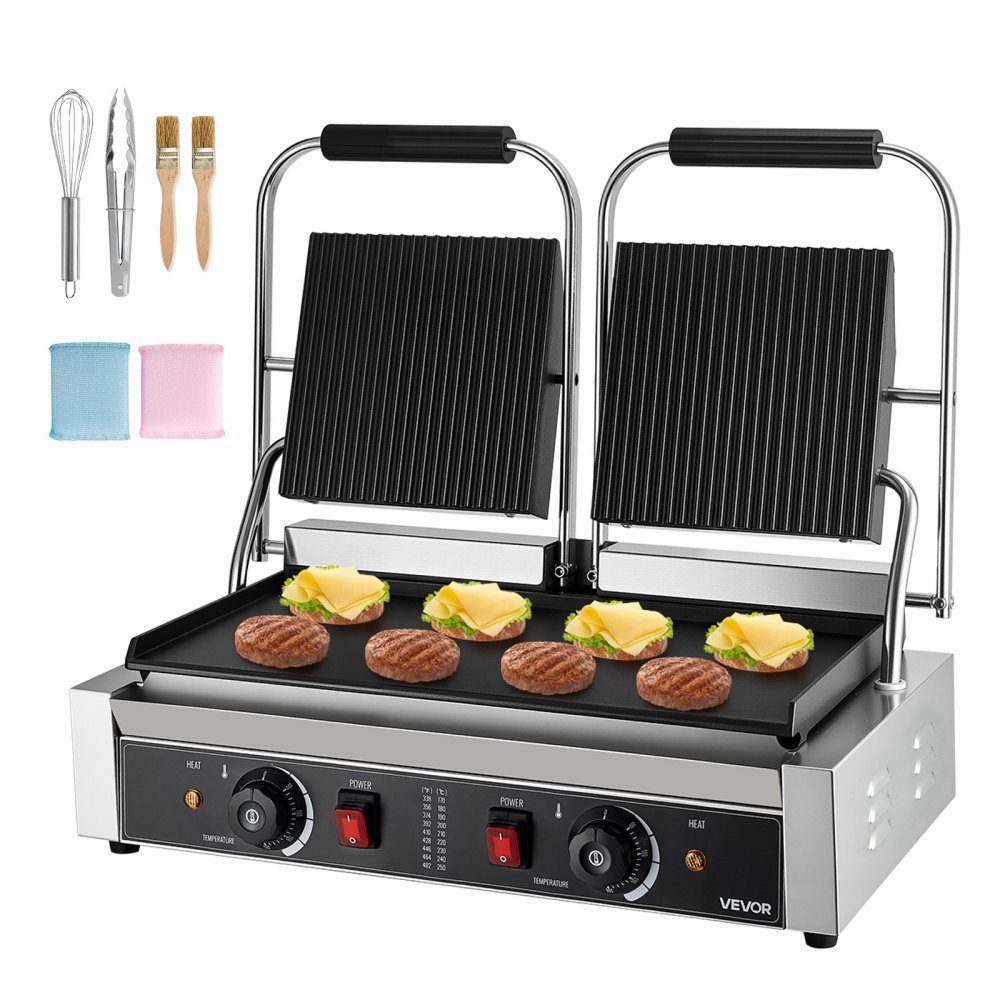 Grill à panini professionnel 3600 W pour sandwichs steak bacon hamburger, presse-sandwich en acier inoxydable avec poignée et contrôle de la température et plaque chauffante 48 x 23 cm, presse à panini