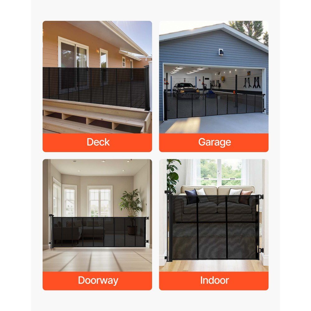 Extendable Baby Gate, Dog Gate, Extendable to 415cm Width / 99cm Height, Pet Gate with Reinforced Fiberglass Strips, Mesh Guard for Patio, Garage, Black