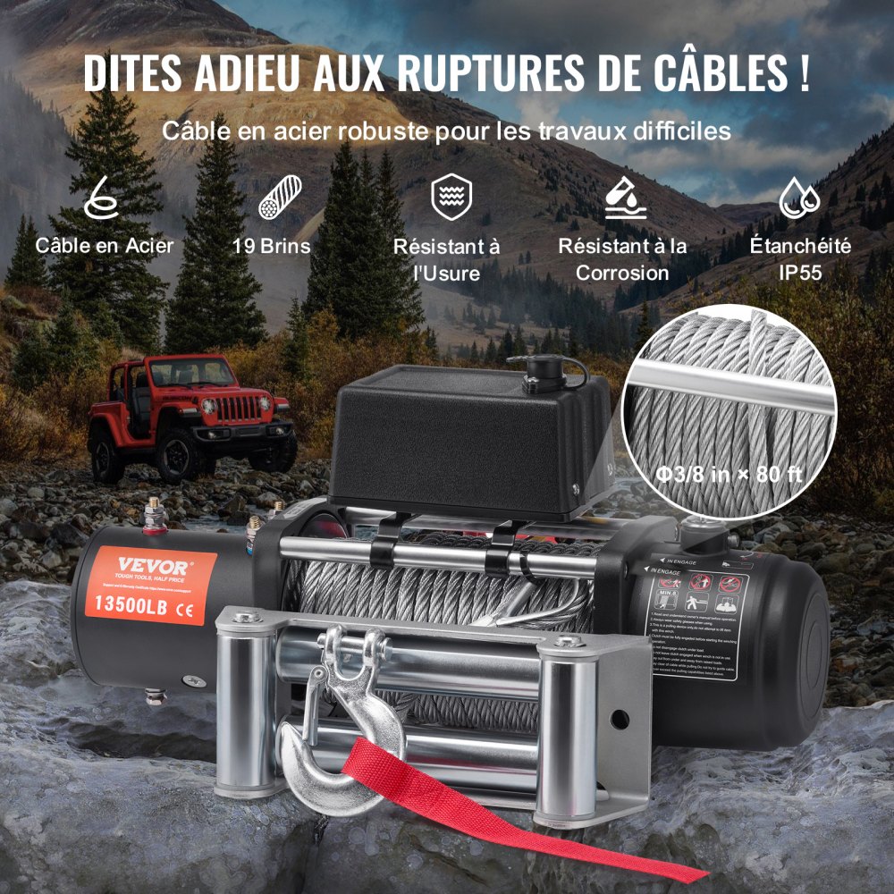 Electric Winch, 13,500lb 12V DC Truck Winch with Φ3/8" x 80ft Steel Cable Pulley Guide, Wireless and Wired Remote Control, IP55 Waterproof for Towing SUVs, Jeeps, Trucks, Trailers and Boats Electric Winch, 13,500lb 12V DC Truck Winch with Φ3/8" x 80ft Steel Cable Pulley Guide, Wireless and Wired Remote Control, IP55 Waterproof for Towing SUVs, Jeeps, Trucks, Trailers and Boats