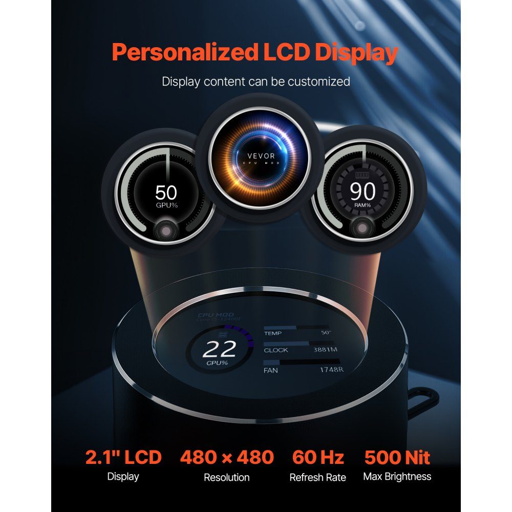 CPU Liquid Cooler AIO CPU Water Cooler - 120mm PWN Fan and Pump PC Water Cooling with 2" LCD Display and ARGB Light for Intel 115X/1366/2011/1700/1200 AMD AM4/AM5