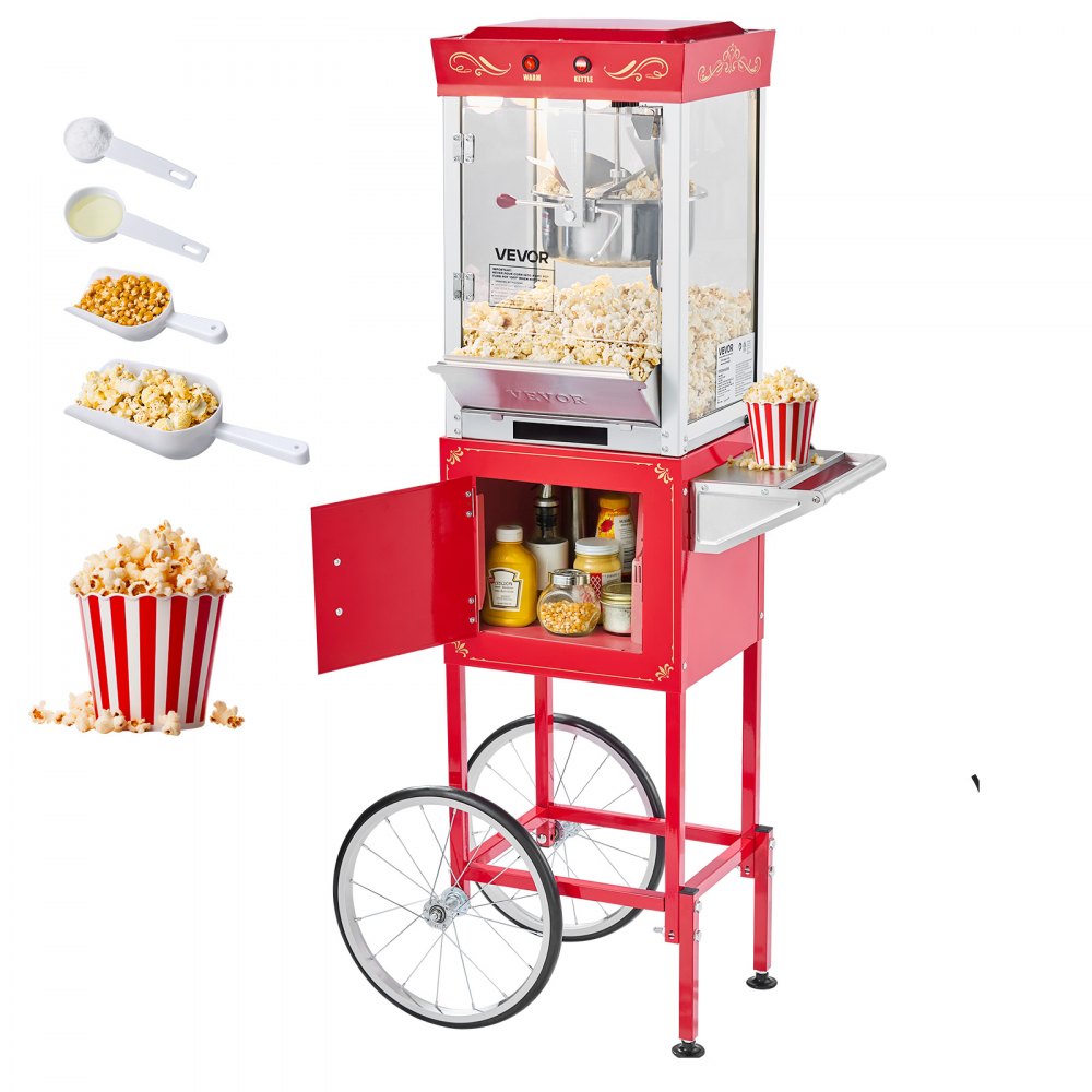 Maszyna do popcornu Maszyna do popcornu z czajnikiem i wózkiem, komercyjna maszyna do popcornu o mocy 800 W, 48 filiżanek na ładunek, sterowanie 2 przyciskami, szklana ściana, drzwiczki komputera, 1 miarka, 3 łyżki, czerwona Maszyna do popcornu Maszyna do popcornu z czajnikiem i wózkiem, komercyjna maszyna do popcornu o mocy 800 W, 48 filiżanek na ładunek, sterowanie 2 przyciskami, szklana ściana, drzwiczki komputera, 1 miarka, 3 łyżki, czerwona