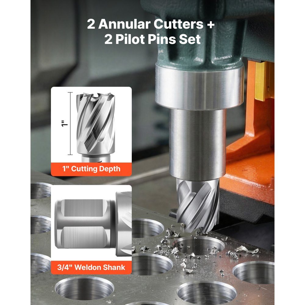 Carottier HSS Arbre Weldon 4 pièces. Foret magnétique diamètre de coupe 25,4 mm, 2 forets avec 2 goupilles de centrage, profondeur de coupe 25,4 mm, 2 coffrets en plastique, pour forets magnétiques, acier, aluminium