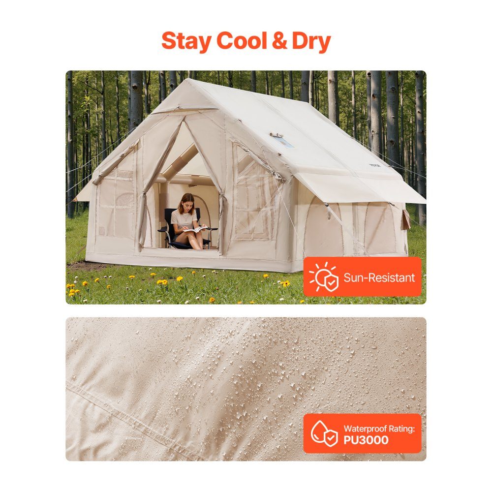 Opblaasbare kampeertenten 3 x 3 x 2,3 m 4-6 personen 300D Oxford 4-seizoenen glampingtent met handpomp, kachelaansluiting, 2 deuren en 4 gaasramen, inclusief opbergtas voor transport