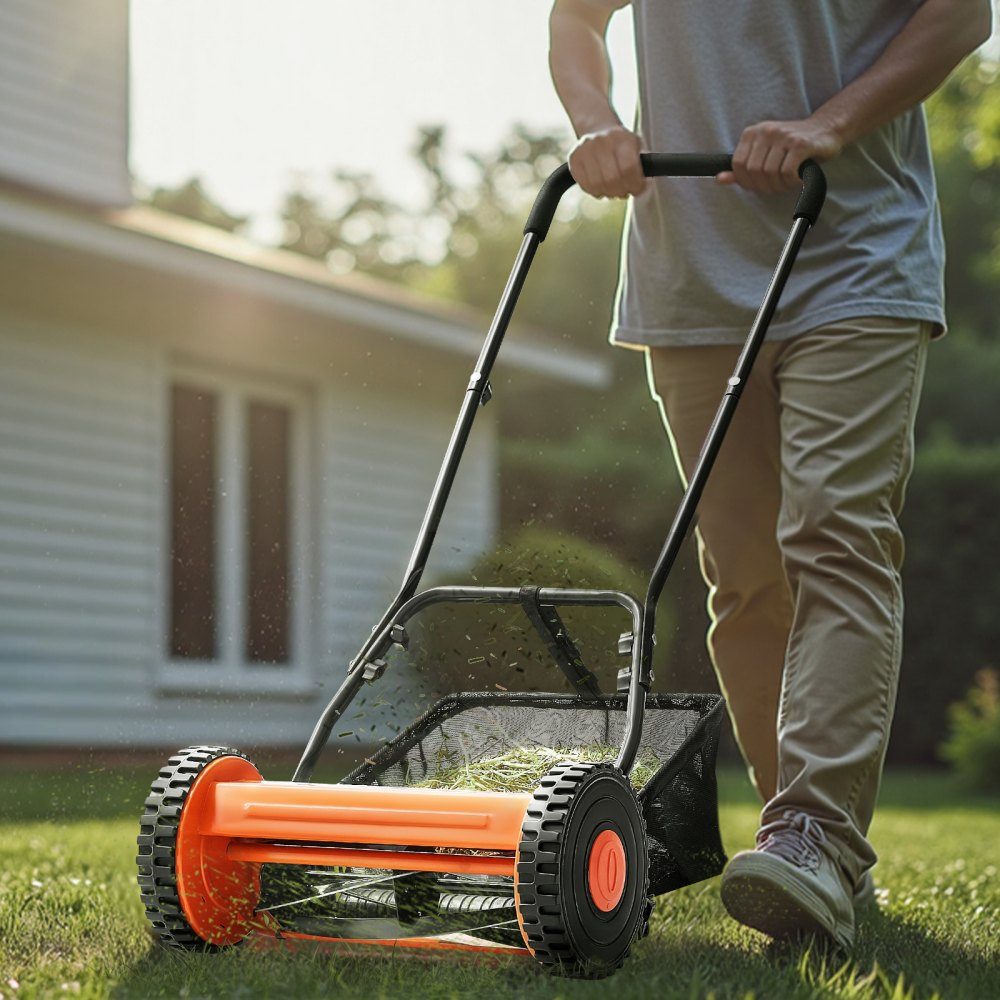 Spindelmäher mit 400 mm Schnittbreite, Rasenmäher 15–45 mm verstellbare Schnitthöhe, Handmäher mit 5 Messern und Grasfangsack, ideal für Rasen, Einfahrten, Innenhöfe