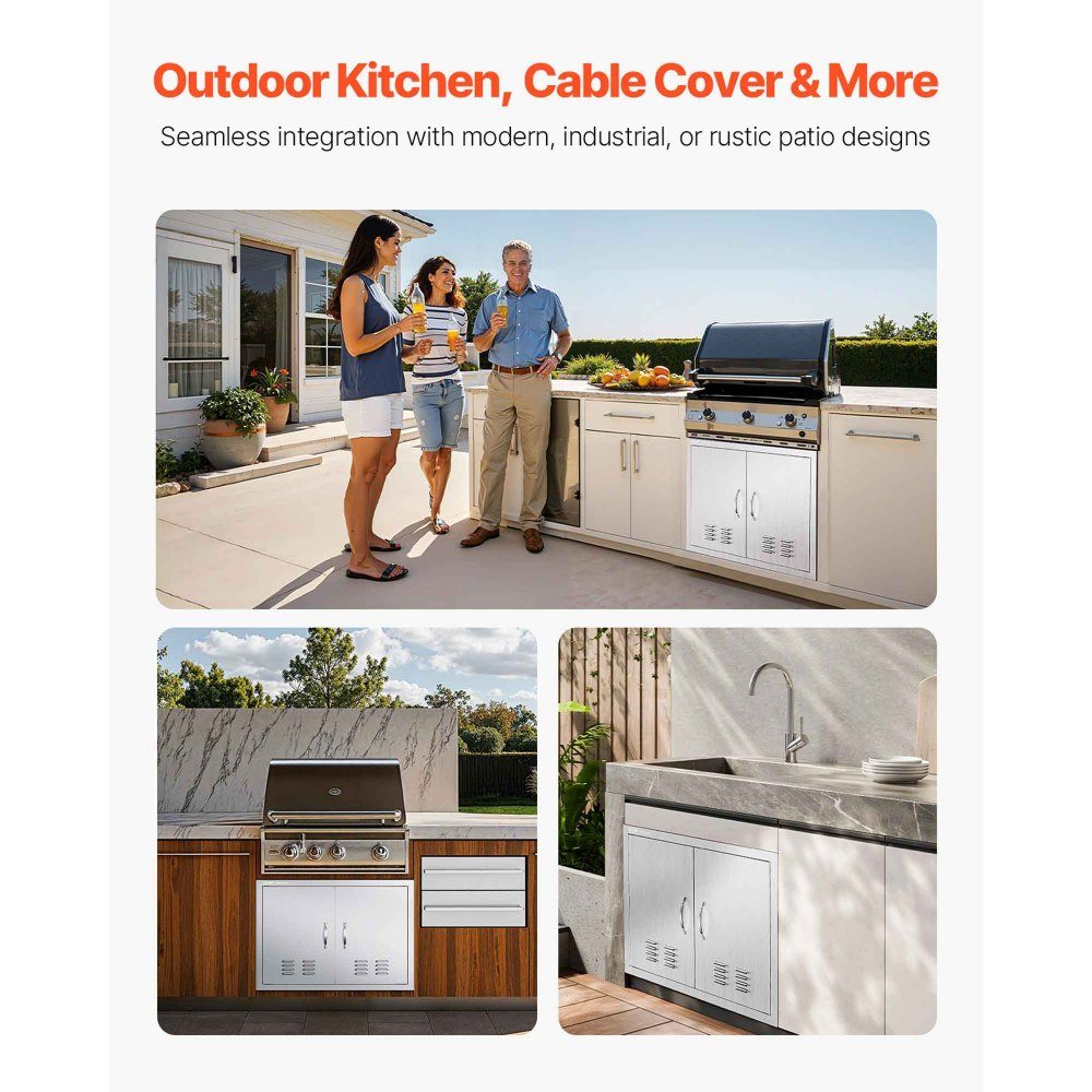 Grill Access Door 762x533mm Double Outdoor Kitchen Door Flush Mount Stainless Steel Door Vertical Wall Door with Handles and Vents for Grill Island Grill Station Outdoor Cabinet