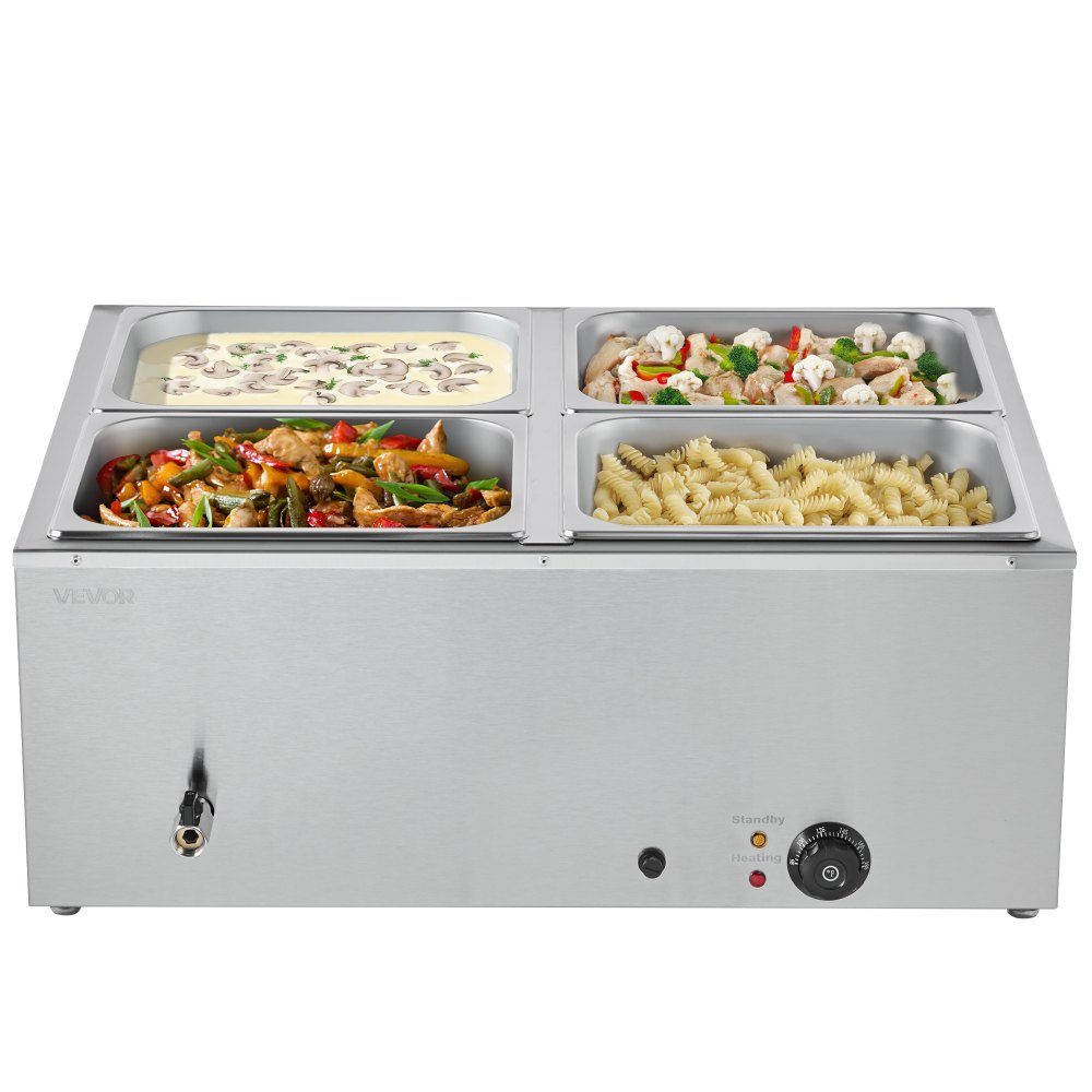 Réchauffeur de nourriture commercial (4 récipients de taille 1/2), récipient chauffant électrique en acier inoxydable de 1,5 kW avec couvercle et louche à soupe, réchauds pour restauration, restaurant, fête