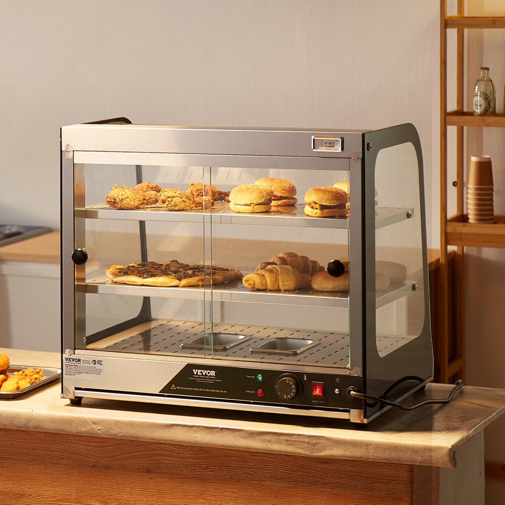 2 Stage Commercial Food Warmer, 850W Food Warmer with Tempered Glass and Steam Heater, Temperature Control from 30°C to 85°C, 111L Large Capacity for Hamburger, Pizza, Bread, Chicken