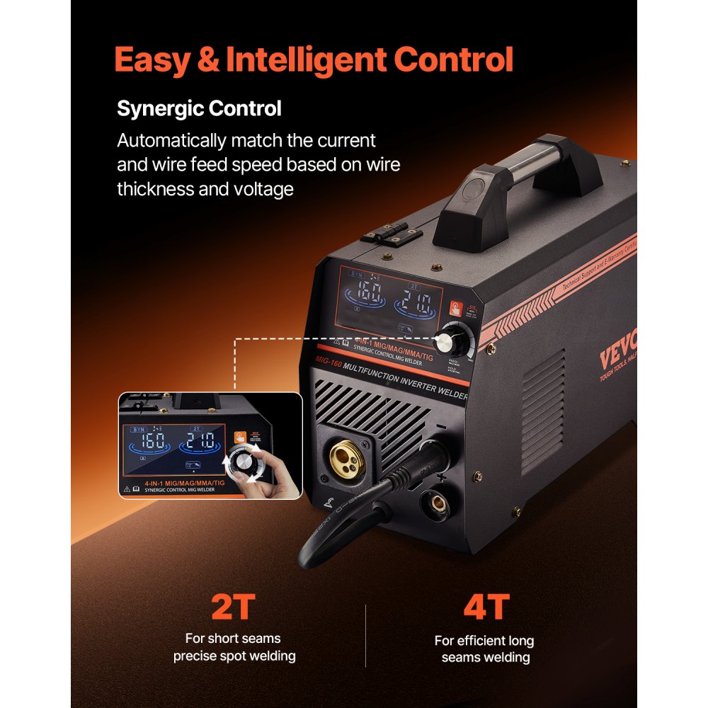 MIG-lasapparaat, 160A-lasapparaat, synergisch MIG-lasapparaat, 4-in-1 gas/MIG/MMA/Lift TIG-multiproceslasapparaat met IGBT-invertertechnologie en LCD-scherm
