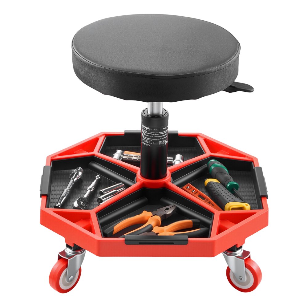 Rollable workshop stool workshop seat (136 kg load capacity) garage seat work stool, height adjustable (420-550 mm), rolling seat with tool tray for garage workshop car repair, black + red Rollable workshop stool workshop seat (136 kg load capacity) garage seat work stool, height adjustable (420-550 mm), rolling seat with tool tray for garage workshop car repair, black + red