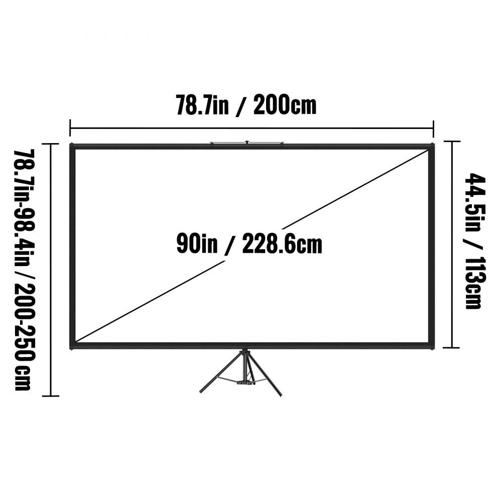16:9 Projector Screen, 4K HD Tripod Screen, Projection Screen 200x113cm, Presentation Wall, 160 Degree Viewing Angle, Screen 200-250cm Height Adjustable, Ideal for Home Theater, Meeting Rooms, Weddings