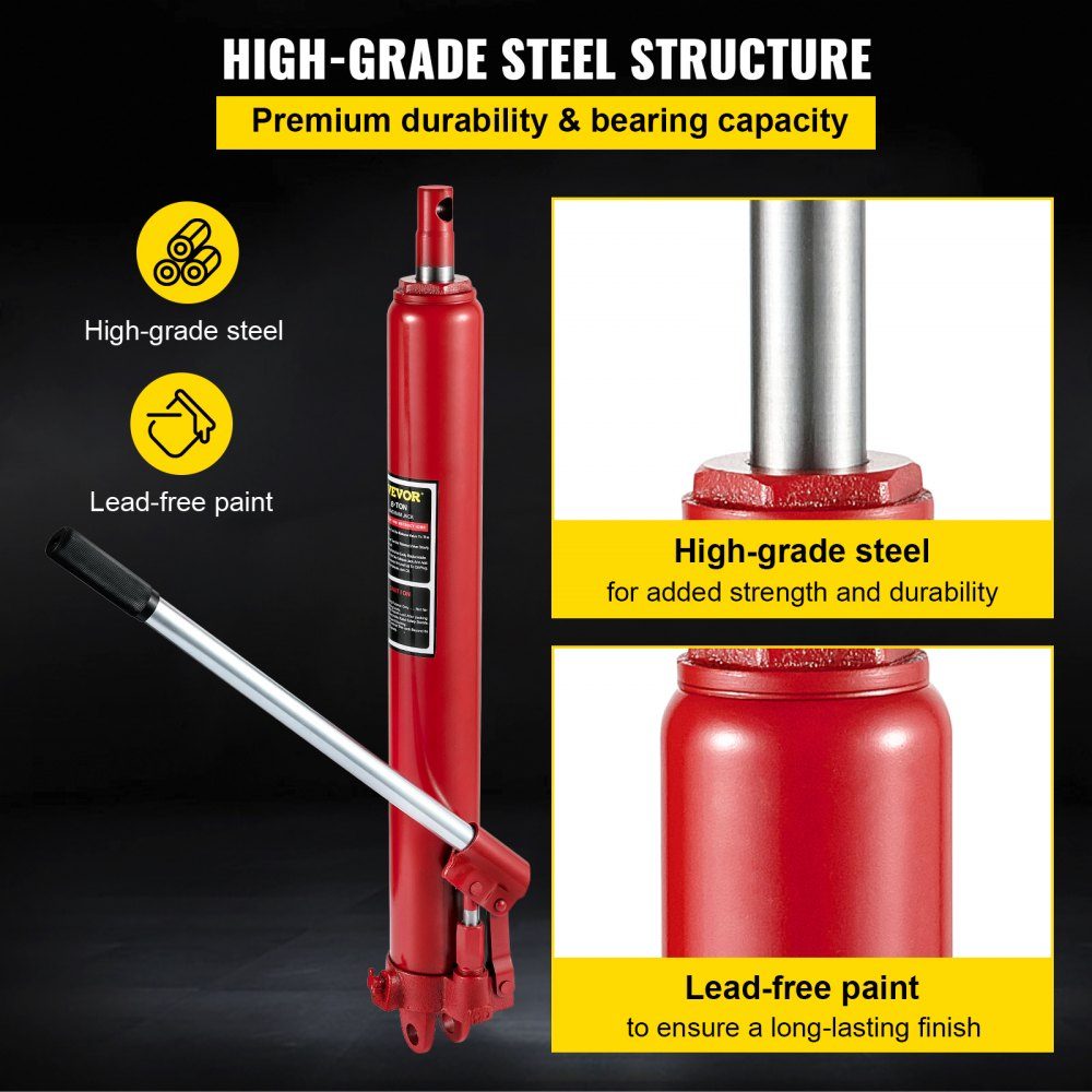 8 Ton Capacity Hydraulic Long Ram Jack Single Piston Pump and Clevis Base Manual Elevating Platform Jack with Handle for Workshop Cranes Engine Hoists Red