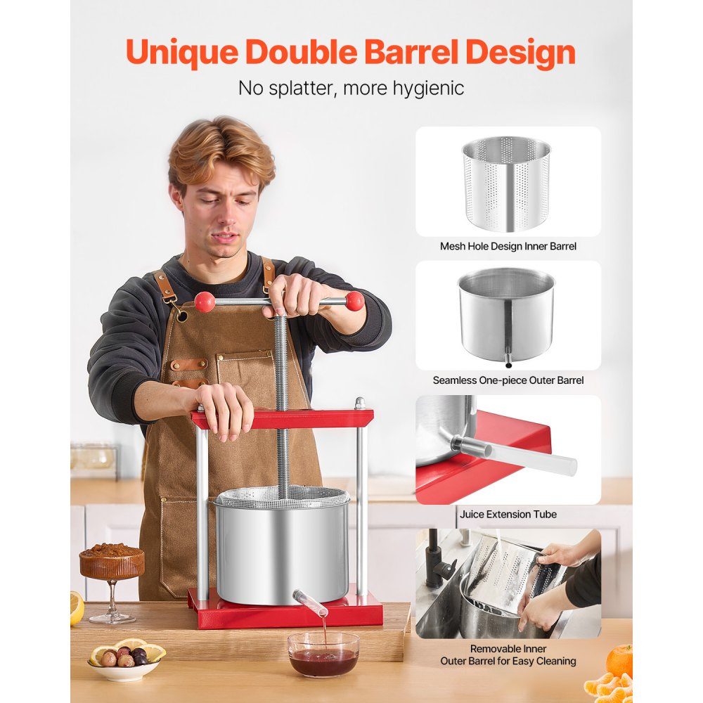 Fruit Wine Press, Fruit Grinder, Apple Grinder (6L) with 2 Stainless Steel Barrels, Manual Juicer, Cider Press, Apple Press, Grape Press, Olive Oil Press, T-Handle Juicer for Home Kitchen